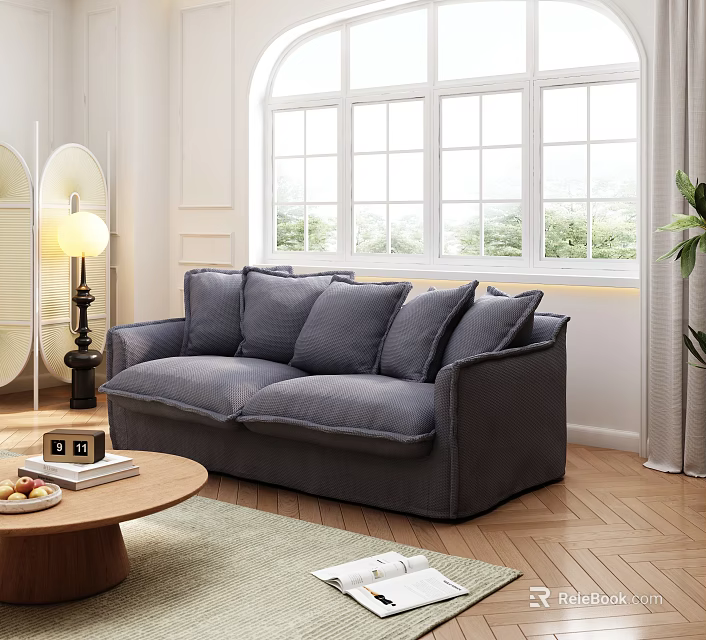 Cozy Gray Two-Seater Sofa with Soft Cushions in Bright Living Room with Wooden Coffee Table 3d model 