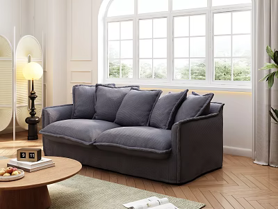Cozy Gray Two-Seater Sofa with Soft Cushions in Bright Living Room with Wooden Coffee Table 3d model