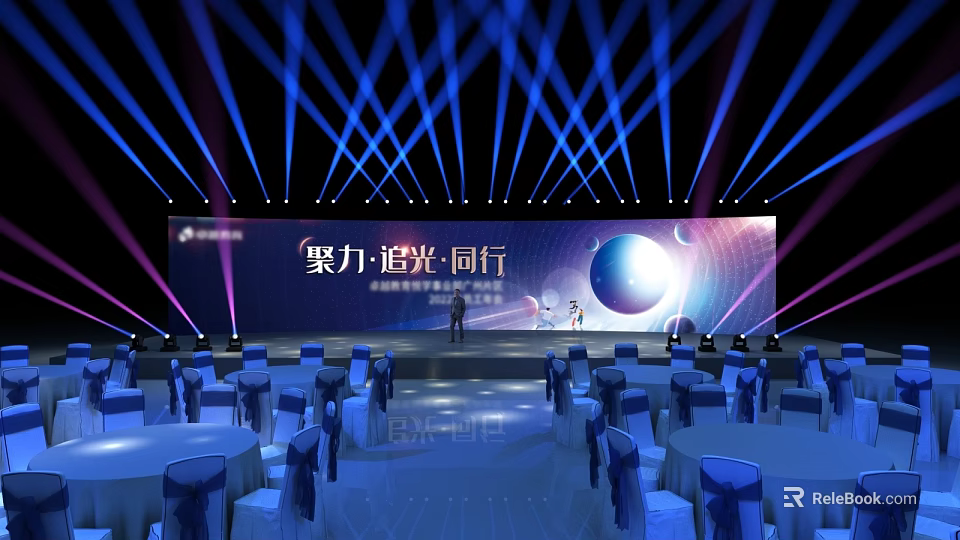Elegant Event Stage Setup With Blue Laser Lighting And Round Tables Arrangement 3d model 