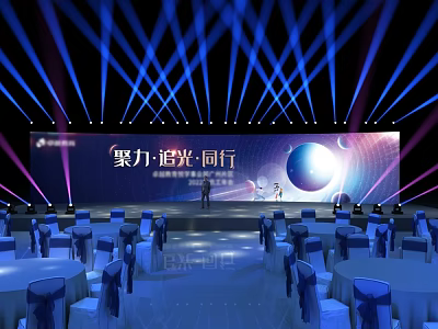 Elegant Event Stage Setup With Blue Laser Lighting And Round Tables Arrangement 3d model