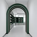 Elegant Green Cosmetic Store Interior With Circular Counter And Product Shelves