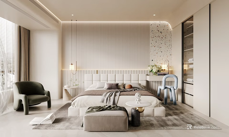 Modern Bedroom Interior Design With Vertical Striped Headboard Bed Pillows Green Chair And Area Rug 3d model 