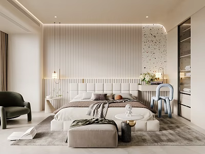 Modern Bedroom Interior Design With Vertical Striped Headboard Bed Pillows Green Chair And Area Rug 3d model