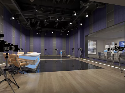 Professional Studio Setup With Purple Walls Wooden Floors Cameras Lighting Anchor Desk And Chairs 3d model
