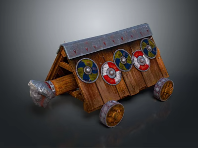 Ancient Weapon Medieval Wooden Chariot Equipped With Colorful Shields And Metal Wheels 3d model