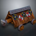 Ancient Weapon Medieval Wooden Chariot Equipped With Colorful Shields And Metal Wheels
