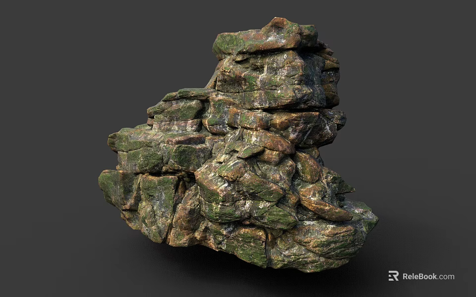 Natural Stacked Stone Formation With Mossy Surface And Varied Brown Green Color Tones 3d model 