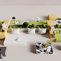 Modern Living Room Casual Sofa Set With White Modular Seats Green Plants And Small Tables