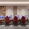 Modern Entertainment Room Interior With Red Gaming Chairs Multiple Computer Screens Pool Table And Sofa 3d model