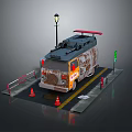 Parked Modified Vehicle With Camouflage Design Street Lamp Barriers Traffic Cones And Green Light