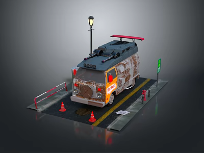 Parked Modified Vehicle With Camouflage Design Street Lamp Barriers Traffic Cones And Green Light 3d model