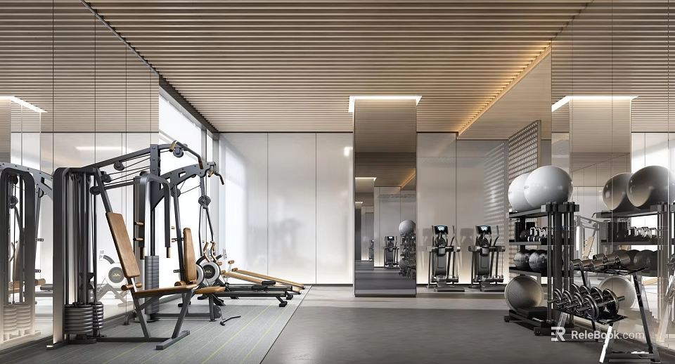 Modern Fitness Gym Interior With Workout Equipment Training Machines And Mirror Walls 3d model 
