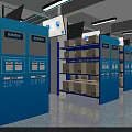 Smart Storage Cabinets In Indoor Warehouse With Blue Shelves And Digital Screens