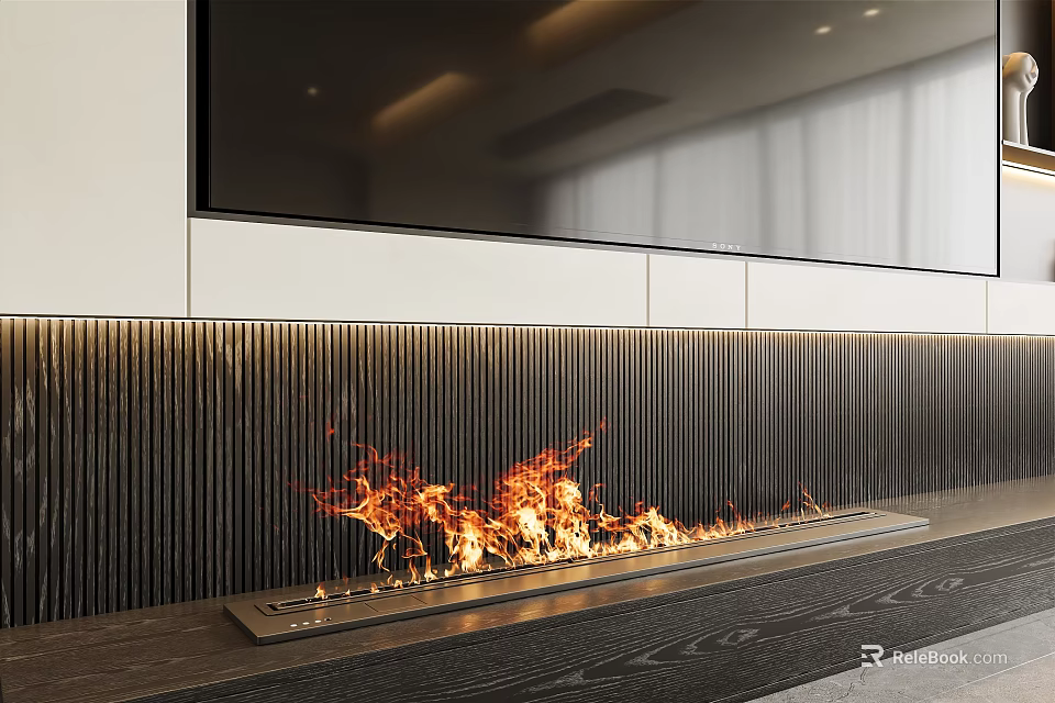Modern Living Room Fireplace With Burning Flames And Striped Wall TV Design 3d model 