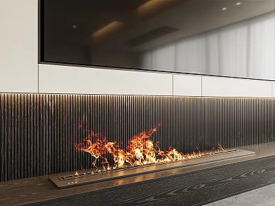 Modern Living Room Fireplace With Burning Flames And Striped Wall TV Design 3d model