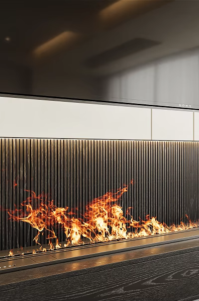 Modern Living Room Fireplace With Burning Flames And Striped Wall TV Design 3d model