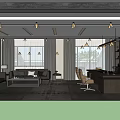 Modern Office Interior With Large Windows Sofa Desk Chairs And Decorative Painting