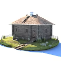 Traditional Log Cabin With Thatched Roof Chimney Ladder Steps And Fenced Grass Area Near Water