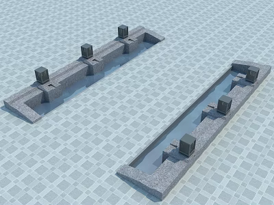 Garden Ornaments With Stone Water Troughs And Square Decorative Blocks On Paved Surface 3d model