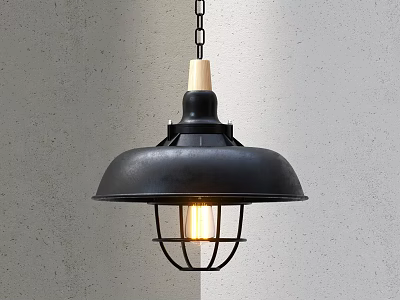Industrial Style Black Pendant Light With Wooden Top Metal Cage And Glowing Bulb 3d model