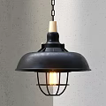 Industrial Style Black Pendant Light With Wooden Top Metal Cage And Glowing Bulb