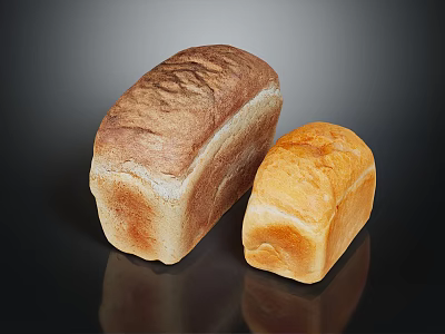 Two Freshly Baked Bread Loaves Dark Brown and Light Golden on Black Reflective Surface 3d model