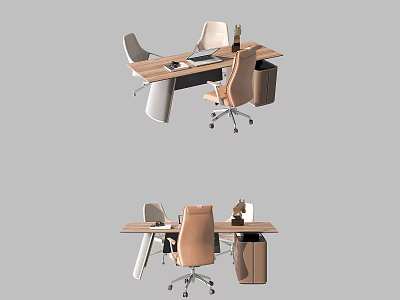 Modern Stylish Office Desk With Ergonomic Chair Documents Desk Lamp And Trash Bin 3d model