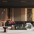 Modern Living Room Interior With Black Leather Sofa And Marble Coffee Table Rug