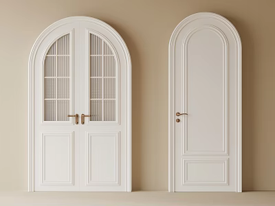 Two White Arched Doors with Glass Panes and Solid Design Golden Handles in Beige Interior 3d model