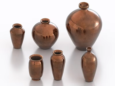 Collection of copper colored ceramic vases in various sizes displayed on white background 3d model