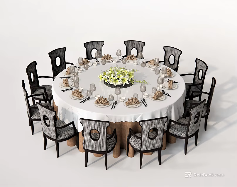 Modern Round Dining Table Set With White Tablecloth Flower Centerpiece Tableware Setup And Upholstered Chairs 3d model