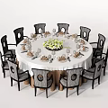 Modern Round Dining Table Set With White Tablecloth Flower Centerpiece Tableware Setup And Upholstered Chairs 3d model
