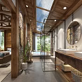 Cozy Hotel Guest Room With Wooden Ceiling Rattan Pendant Lights And Green Plants