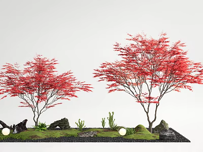 Red Leaf Trees in Landscape with Rocks Small Plants and Lights 3d model