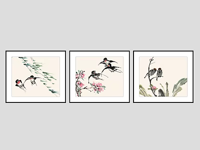 Three Framed Botanical Paintings With Birds And Floral Elements On White Background 3d model
