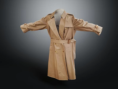 Classic Beige Trench Coat With Double Breasted Front Belted Waist And Lapel Collar Design 3d model