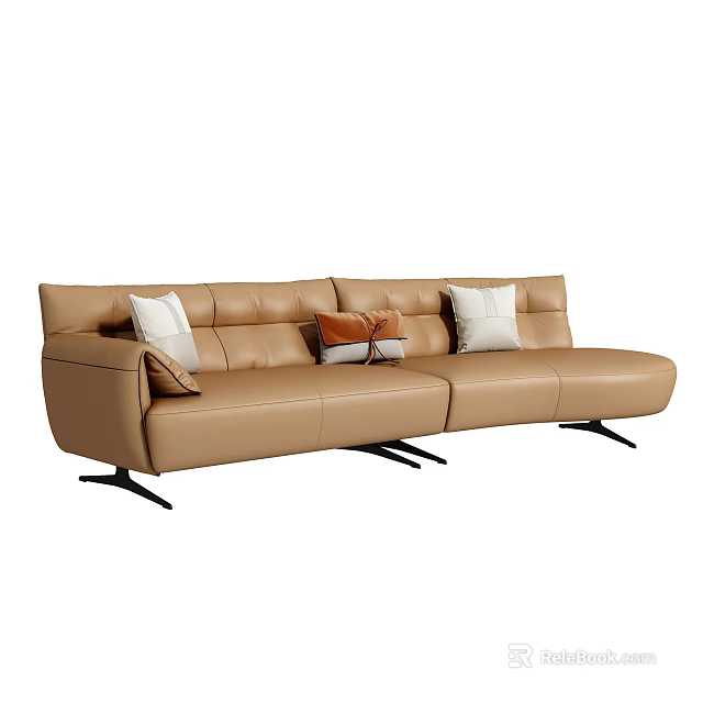 Unique Modern Irregular Shaped Sofa In Beige Leather With Decorative Pillows 3d model