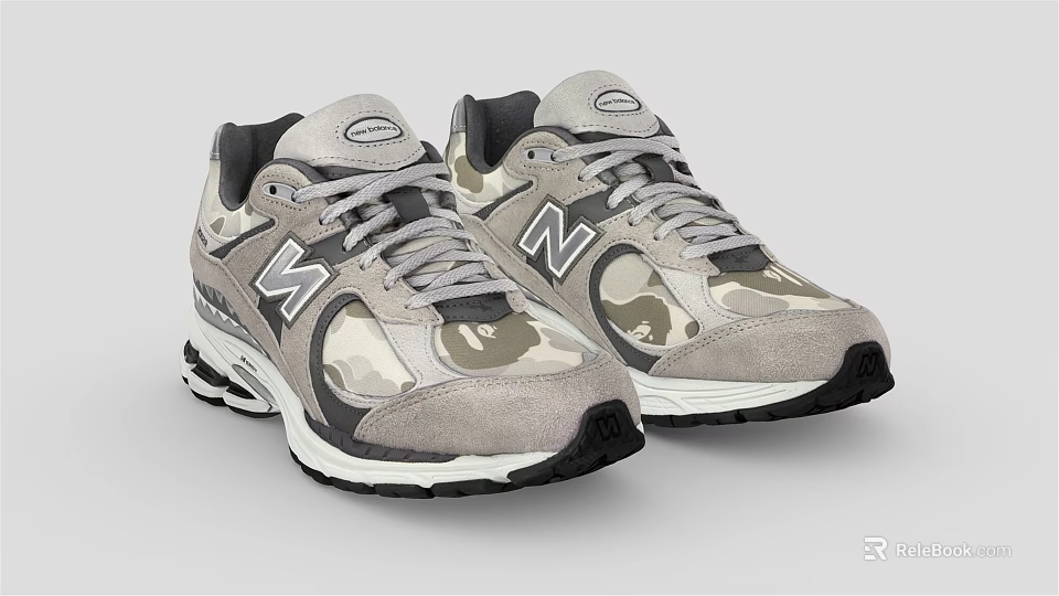 Gray New Balance Sneakers With Camouflage Pattern And White Black Sole 3d model 