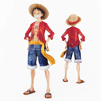 Anime Character Action Figure With Straw Hat Red Shirt Blue Shorts And Two Poses 3d model