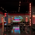 Modern Bar Interior With Red Black Striped Walls Large Screen And Neon Light