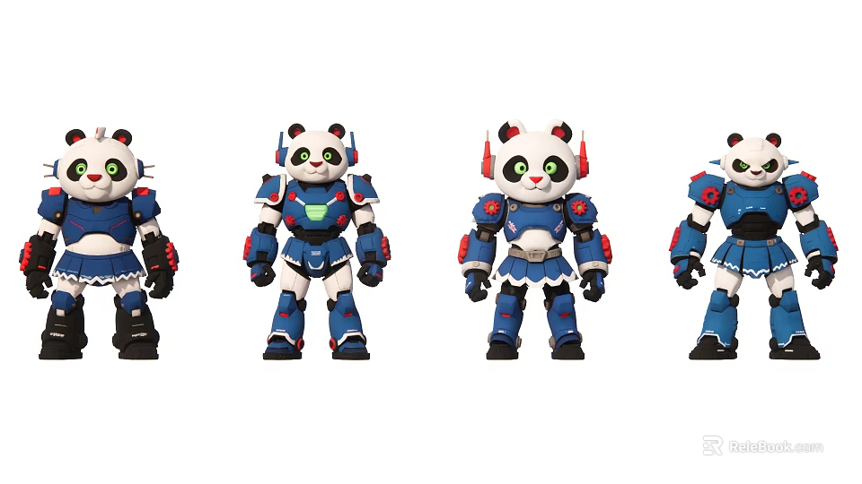 Cute Panda Robot Game And Movie Character With Blue White Armor And Various Poses 3d model 