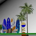 Vibrant Photo Check-in Spot with Colorful Surfboards Palm Trees and Wooden Barrels