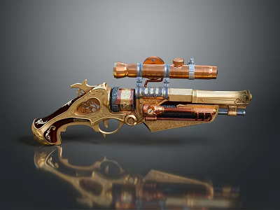 Decorative Revolver With Copper Components Golden Accents Wooden Grip And Mounted Scope 3d model
