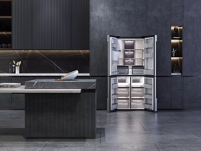 Modern Kitchen Interior with Black Cabinets Marble Countertop and Open Double Door Refrigerator 3d model