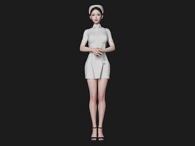 Woman In White Nurse Uniform With Cap Standing In Elegant Posture And High Heels 3d model