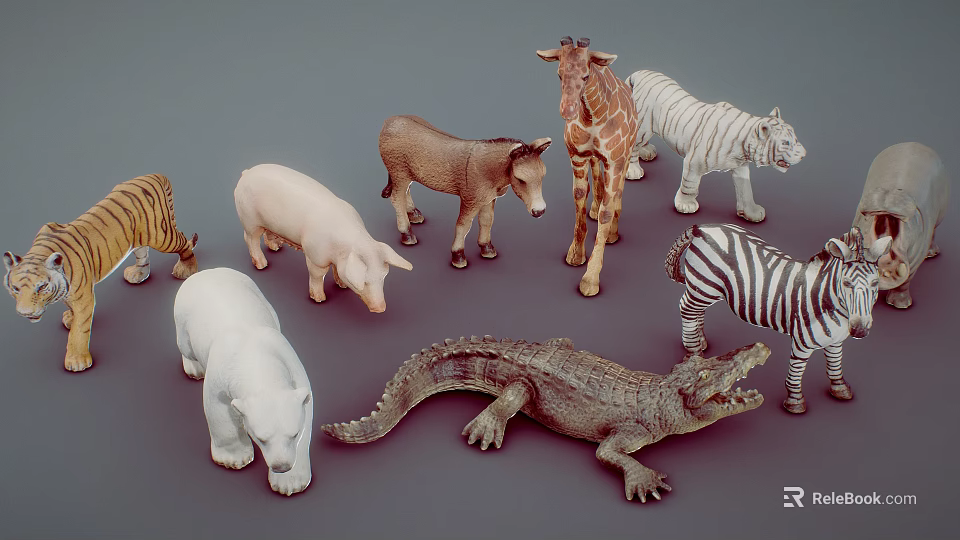 Various Plastic Animal Toy Figures Including Giraffe Tiger Zebra And Crocodile 3d model 