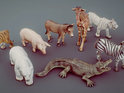 Various Plastic Animal Toy Figures Including Giraffe Tiger Zebra And Crocodile 3d model