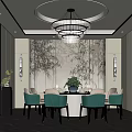 Elegant Private Dining Room With Round Table Green Chairs Decorative Wall And Chandelier