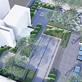 Modern Courtyard Garden Design With Checkered Flooring Green Plant Beds And Walking People