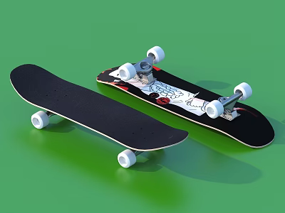 Two Everyday Use Skateboards Black And Cartoon Cat Design With White Wheels 3d model